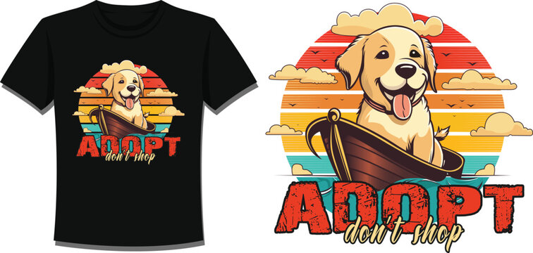 A cute dog on a boat by sea with sun background t shirt design with mockup
