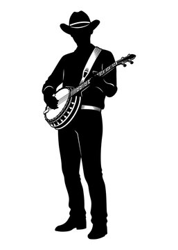 Silhouette Of Man Playing On A Banjo. Vector Clipart Isolated On White.