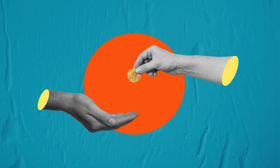 Human hands and bitcoin. Modern art collage. Concept of business, finance, blockchain technology.