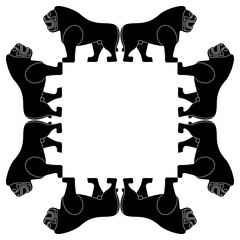 Square animal frame with standing Hittite lions in profile. Black and white silhouette.