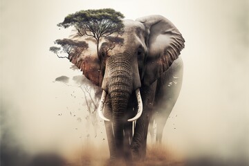 Contemporary abstract artwork double exposure of elephant and savannah of african jungle landscape design, concept of animal and natural wilderness adventure. Superb Generative AI.