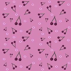 Pink Seamless Pattern with Cherries and blossoms