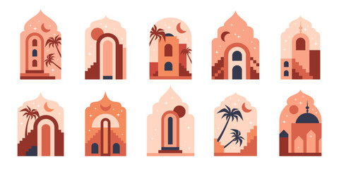 Oriental muslim windows. Islamic frames with mosque, palm trees and arabian night views flat vector illustration set. Islamic window design
