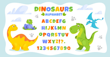 Estores personalizados infantiles con tu foto Alphabet poster with cute cartoon dinosaurs for children. Dino font design for kids. Vector illustration of an ABC banner with numbers for preschool, kindergarten or nursery students to learn letters