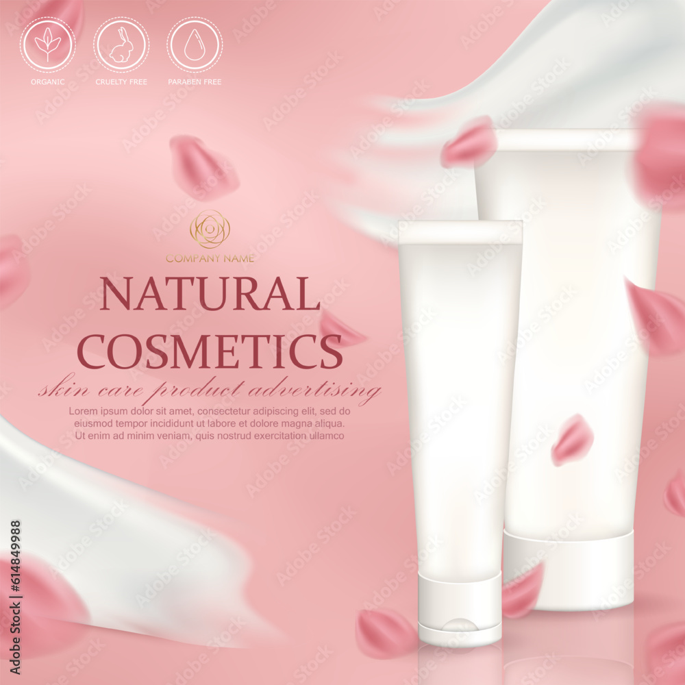 Wall mural layout of elegant square banner with natural skin care product. soft pink ad poster with flower peta