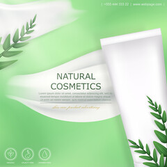 Fototapeta na wymiar Cosmetic ad banner template of organic skin care product in white packaging. Promotion or advertising square poster with cream smear, green leaves and realistic mock up of natural facial cream in tube