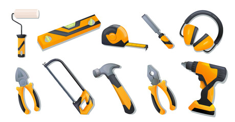 A set of various construction tools for repair. Isolated vector of drill, hammer, pliers, tape measure, building level, hard hat, helmet, sound-absorbing headphones, roller, chisel, metal scissors.