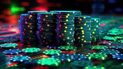 Fototapeta na wymiar casino tokens or casino chips stack on table, big deal or bet, Generative Ai 