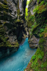 Fototapeta na wymiar Beautiful landscape of Tolmin Gorges. Majestic scenery with clean mountain river in the deep gorges of Tolmin, Slovenia, Europe