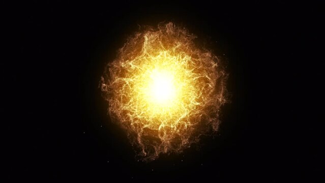 Yellow energy orb background animation. 3d abstract energy sphere ball with orange power rays on dark background. Nuclear energy, Big Bang, Supernova. Science, technology, innovations, Universe. 4k.	
