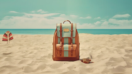 Backpack on the sand of the beach. Vacation scene with schoolbag on the shore line. Generative AI.