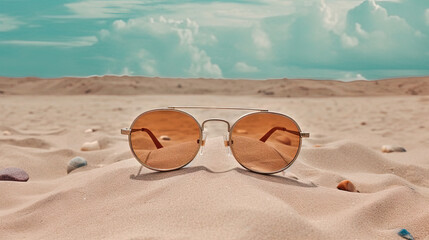 Glasses in the sand of the beach. Vacation scene with sunglass on the shore line. Generative AI.