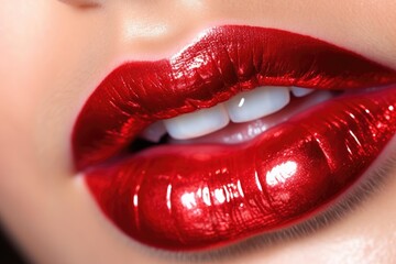 Obraz premium Close-up of woman's lips with bright fashion glossy makeup. Macro bloody lipgloss make-up