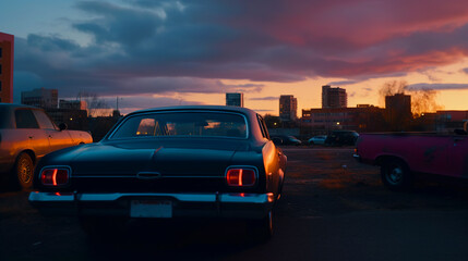 Vintage muscle car parked on the street at night. 80s styled synthwave retro scene with powerful drive in evening. Generated AI.