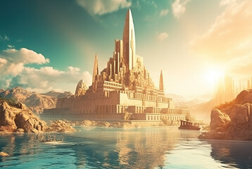 Fototapeta premium Fantasy city surrounded by river on the sunny landscape. Ancient castle in morning sun rays. Generated AI.