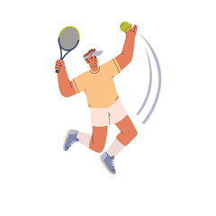 Vector illustration of Tennis player man jumping hits the ball with a racket in doodle disproportionate characters isolated