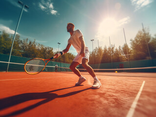 Tennis player and athlete in glasses with a tennis racket in anticipation of a hit. Portrait of a fit and young athletic man looking motivated, determined and confident. Tennis player running 