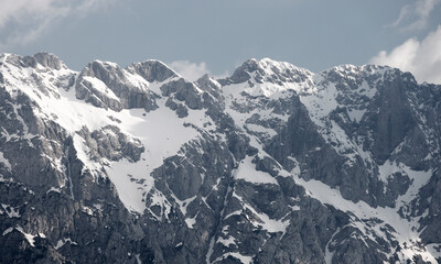 View of the Triglav Natiobal Park on a sunny summer day. Breathtaking peaks of the Julian Alps. Triglav National Park, Slovenia