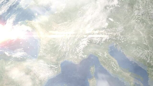 Zoom in from space and focus on Annecy, France. 3D Animation. Background for travel intro. Elements of this image furnished by NASA