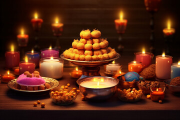 Delightful Diwali: Deepa lamps and sweets creating a festive atmosphere Generative AI