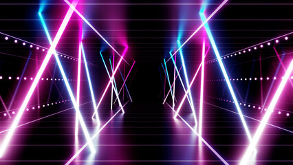 Fototapeta na wymiar Neon Line Tunnel glowing Fluorescent light corridor stage 3D illustration background