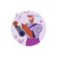 Happy young boy with artificial hand and pink hairs flat style