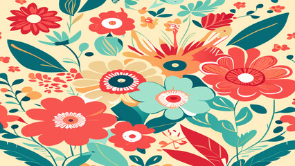 Obraz na płótnie Canvas Floral seamless pattern with flowers and leaves. Vector illustration in retro style