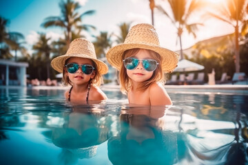 Obraz na płótnie Canvas Portrait of Two Adorable cute little girls in sunglasses at pool. Summer Vacation Fun. Generative AI. 