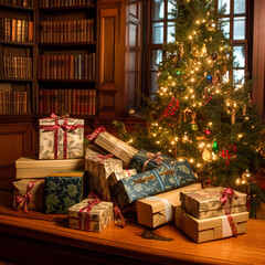 Naklejka na ściany i meble Christmas gifts, happy holidays and holiday celebration, wrapped gift boxes, presents and decorated Christmas tree, generative ai