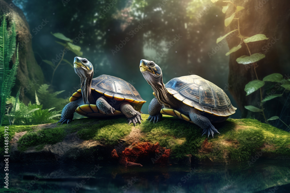 Aufkleber a pair of turtles basking on a log in a terrarium, representing the calm and low-maintenance nature 