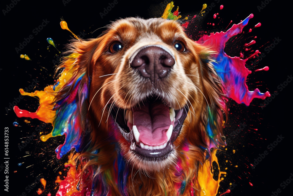 Aufkleber an abstract surreal photograph of a dog splashed in bright paint, symbolizing freshness and health. 