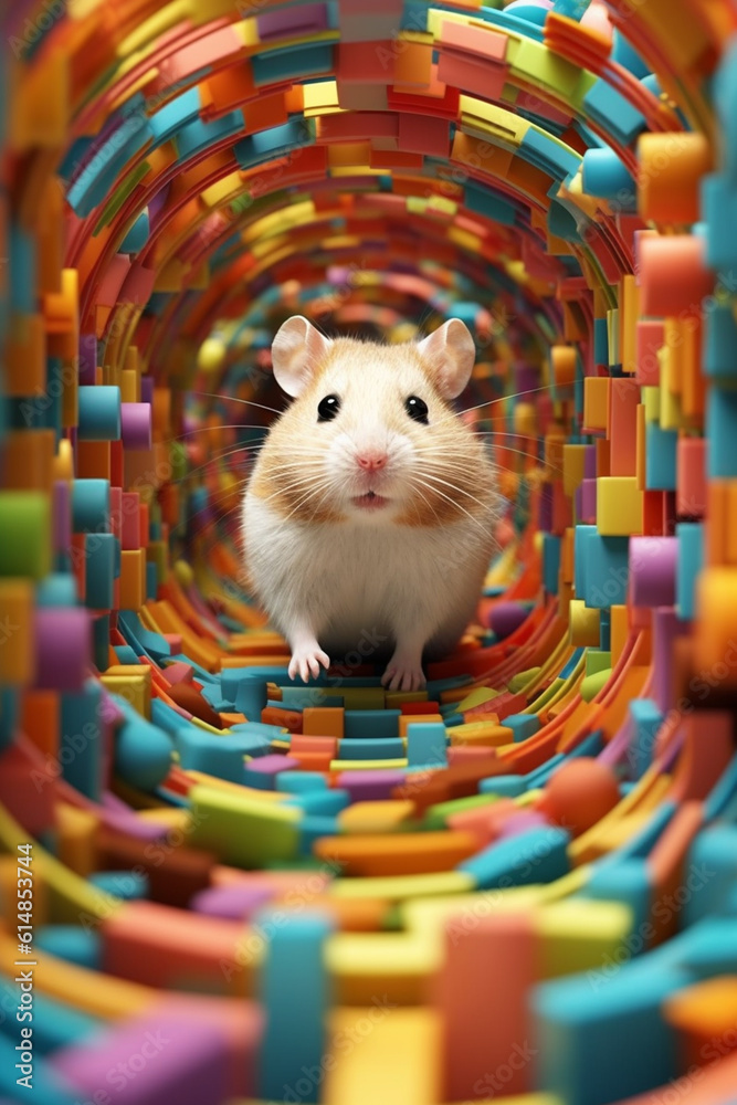 Poster a hamster exploring a colorful maze in its cage, reflecting the popularity of small rodents as low-m
