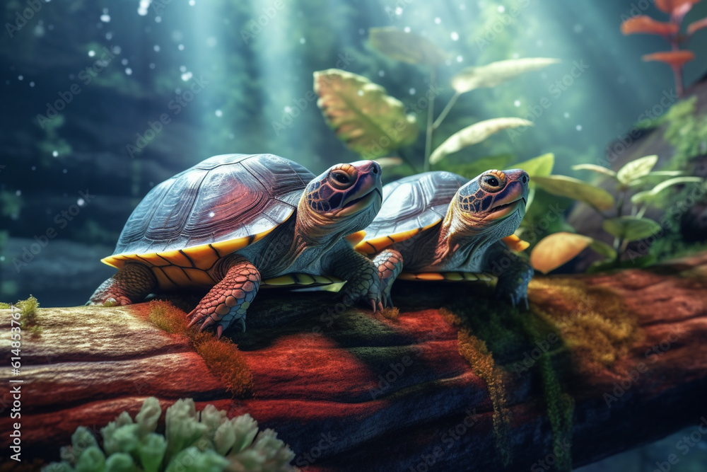 Aufkleber a pair of turtles basking on a log in a terrarium, representing the calm and low-maintenance nature 