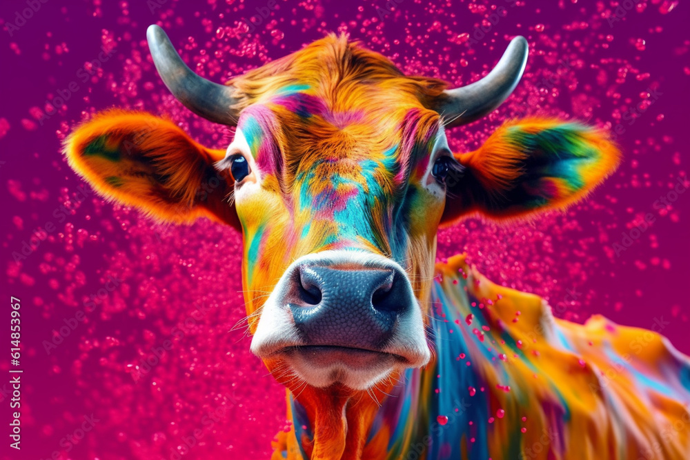Poster an vibrant photograph of a cow splashed in bright paint, contemporary colors and mood social backgro