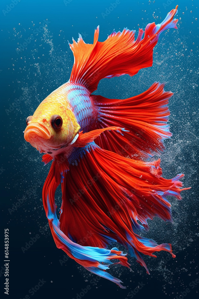 Poster an abstract surreal photograph of a betta fish splashed in bright paint, contemporary colors and moo