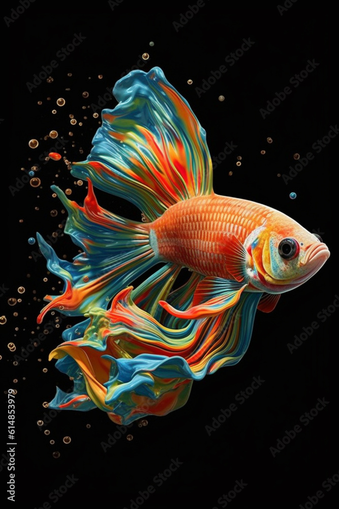 Poster an abstract surreal photograph of a guppy fish splashed in bright paint, contemporary colors and moo