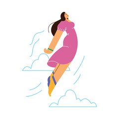 Vector isolated illustration of disproportionate woman in pink dress flies up, energetic girl excited in action, motion, with doodle clouds