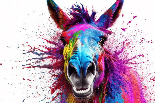 Fototapeta An vibrant photograph of a Donkey splashed in bright paint, contemporary colors and mood social background.  Generative AI technology.