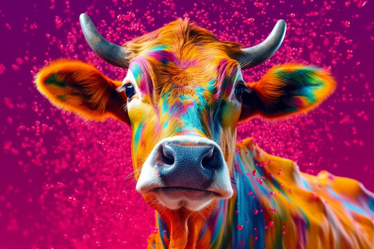 Fototapeta An vibrant photograph of a Cow splashed in bright paint, contemporary colors and mood social background. Generative AI technology.