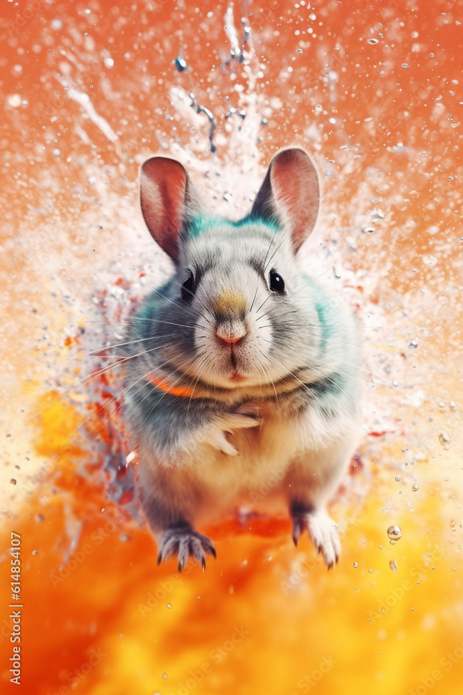 Aufkleber an abstract surreal photograph of a chinchilla splashed in bright paint, contemporary colors and moo