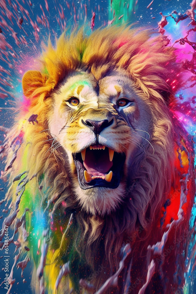 Aufkleber an abstract surreal photograph of a lion splashed in bright paint, contemporary colors and mood soci