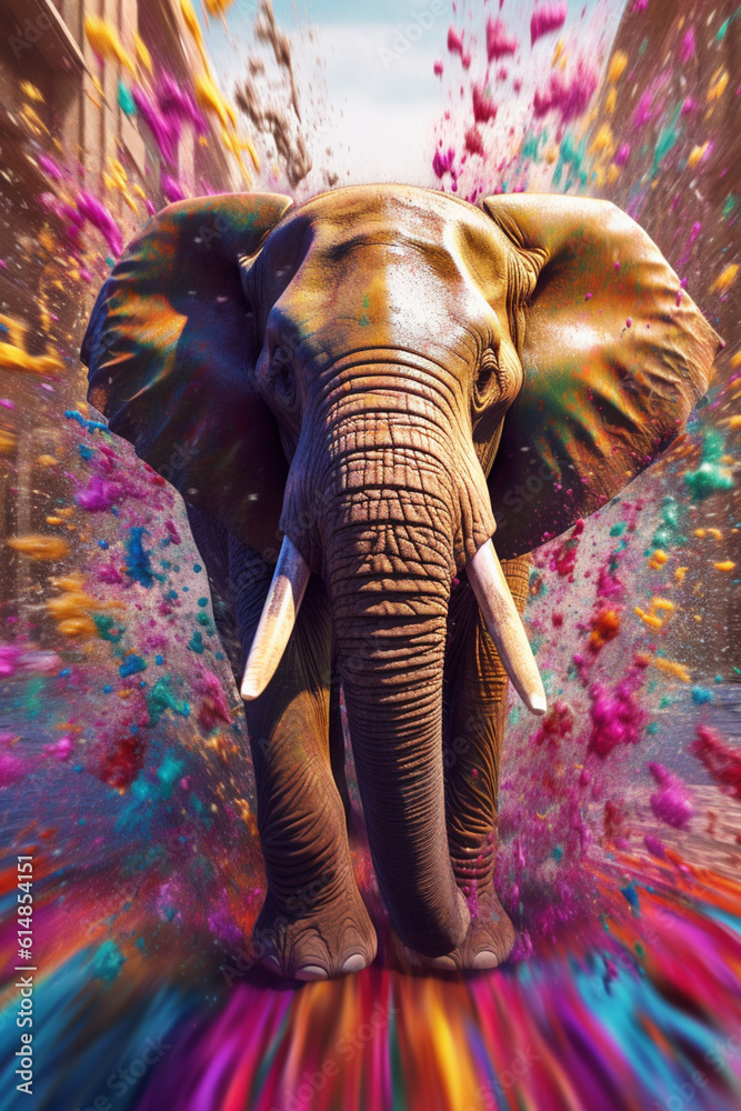 Poster an abstract surreal photograph of a elephant splashed in bright paint, contemporary colors and mood 