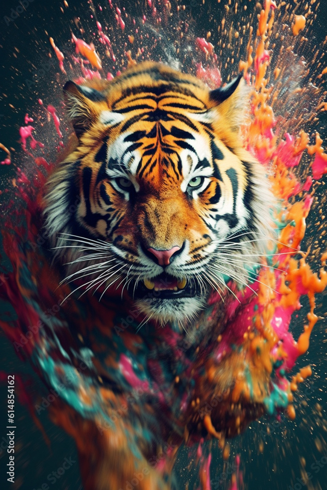 Poster an abstract surreal photograph of a tiger splashed in bright paint, contemporary colors and mood soc