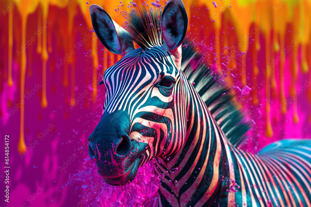 Poster an vibrant photograph of a zebra splashed in bright paint, contemporary colors and mood social backg