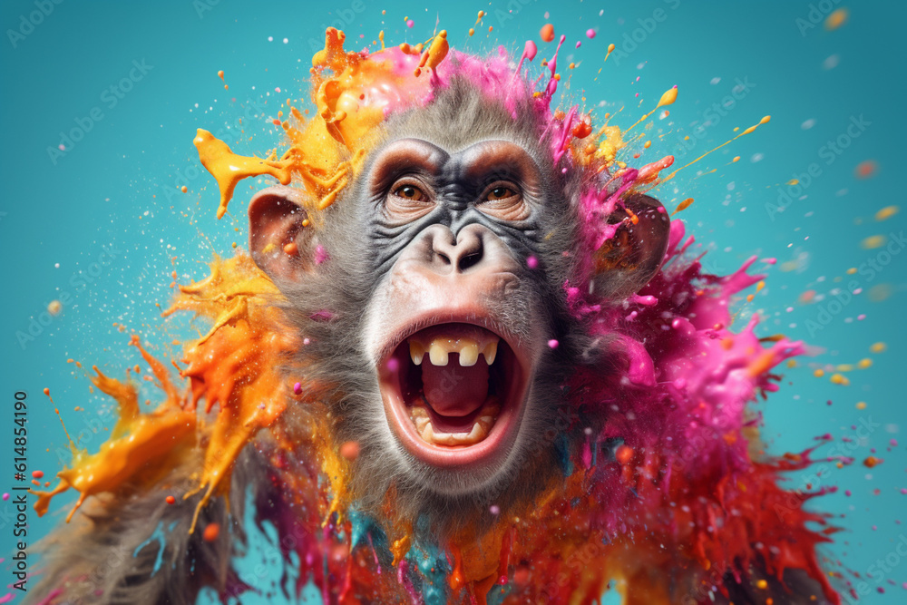 Poster an vibrant photograph of a monkey splashed in bright paint, contemporary colors and mood social back