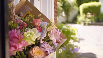 Flower shop delivery and holiday gift postal service, beautiful bouquet of flowers on a house doorstep in the countryside, generative ai
