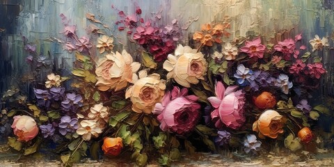 AI Generated. AI Generative. Vintage retro style flowers botanical plant on canvas. Oil paint draw blossom. Graphic Art