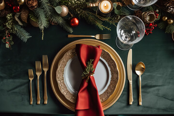 Christmas table scape, elegant formal dinner table setting, tablescape with holiday decoration for party event celebration, generative ai