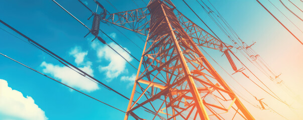 Transmission tower supporting overhead high-voltage power lines up close. generative ai