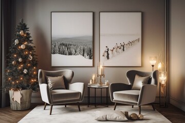 Christmas-themed living room poster frame mockup. 3D rendered. Generative AI